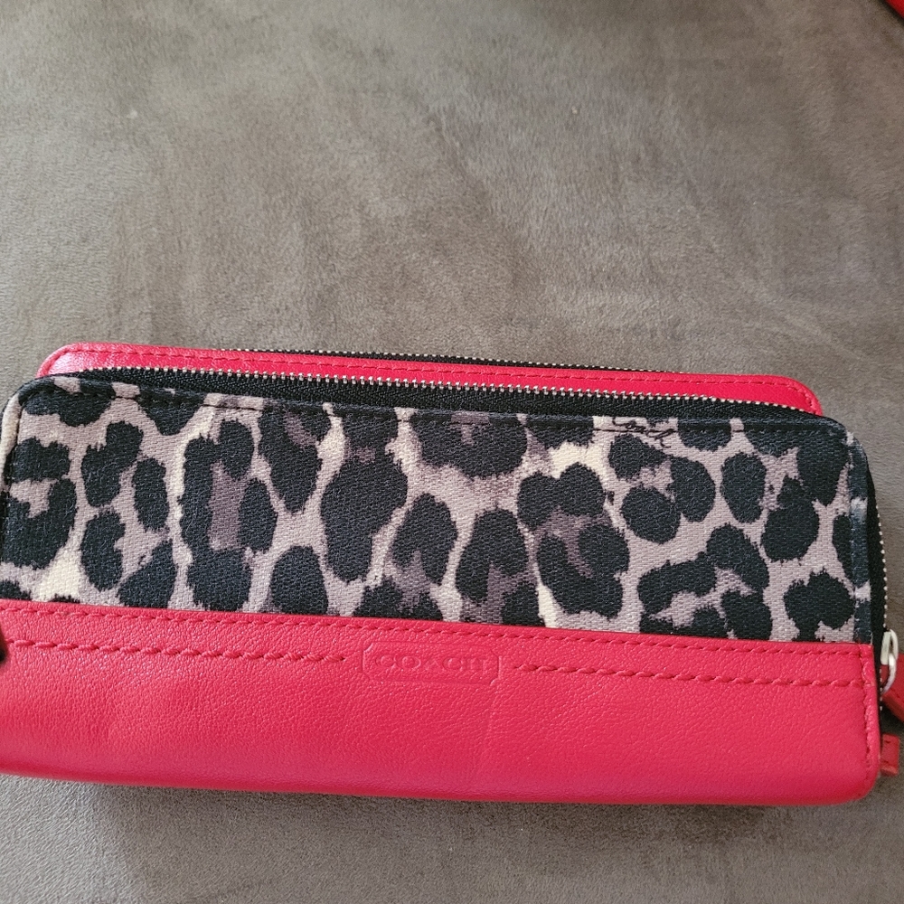 Coach Leopard ocelot zip wallet.  Accordion style long wallet. Front zipper